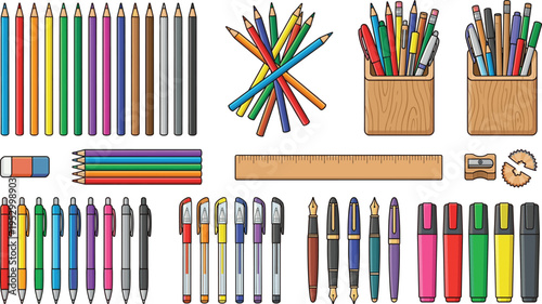 School stationery and office supplies writing tool set, cad drawing flat vector illustration.