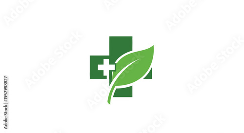 Green medical cross with a fresh leaf, symbolizing natural health, holistic medicine, herbal remedies, and eco-friendly pharmacy care