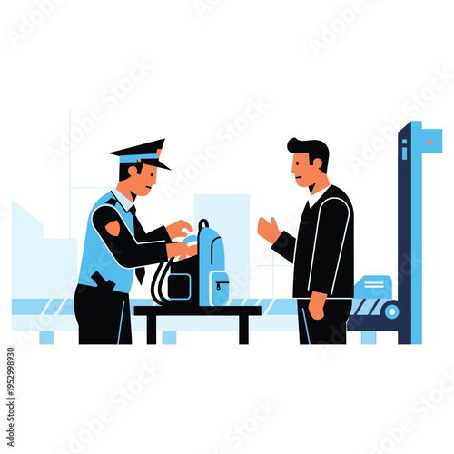 Security guard checking backpack of male passenger at airport terminal checkpoint with conveyor belt and metal detector frame background flat vector illustration for safety and travel concept design