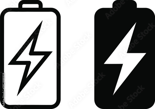 Wallpaper Mural Battery icons, two symbols, left line art, right solid black, lightning bolt inside, minimalist digital design, high contrast, clean geometric shapes Torontodigital.ca