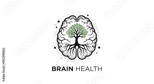 Conceptual brain health illustration with a growing tree inside the human brain, symbolizing mental well-being, growth, and neurological connection.