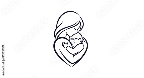 Monochromatic line art illustration of a loving mother embracing her baby, forming a heart shape, symbolizing maternal care and family bond.