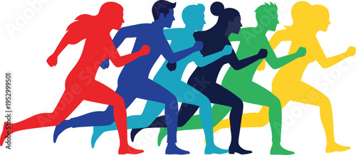 Diverse group of silhouettes running fast together in relay race competition representing speed teamwork and athletic performance with rainbow colors on transparent background flat vector concept