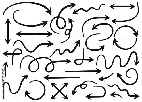Collection of diverse black hand-drawn arrows featuring straight, curved, wavy, looping, and circular designs pointing in various directions vector design
