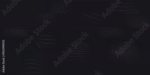 A dynamic particle waves within a halftone gradient create a fluid dot curve set on a transparent background for technology, sound, music. Dots and lines halftone.