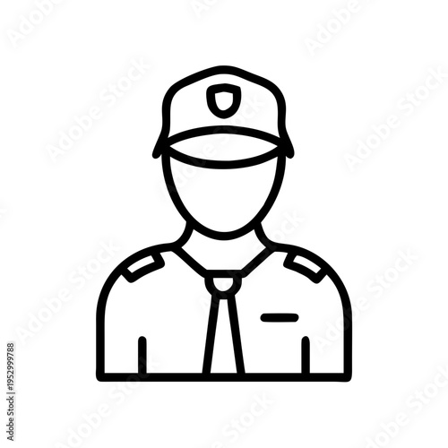 Security guard line icon, professional police officer avatar, male security personnel in uniform with cap and tie, law enforcement vector