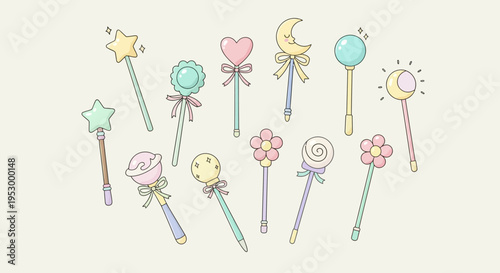 Colorful cartoon magic wands and candy.