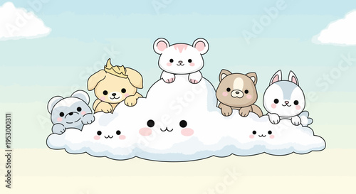 Kawaii cartoon animals on a cloud.