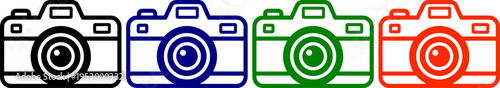 Camera icons set in black blue green and orange representing photography