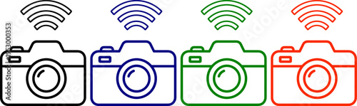 Camera icons with wifi signal set in black blue green and red for wireless photography