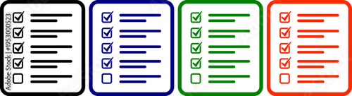Checklist icons set with boxes for notes and tasks Black blue green orange colors on transparent background