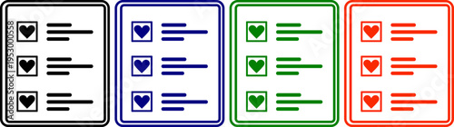Checklist icons with hearts and lines in black, blue, green, and red