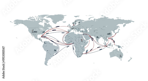 Flat 2D illustration of a world map with red and blue shipping route lines on a white background, highlighting global oil trade paths.