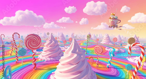 Colorful Candy Landscape with Lollipops and Swirls.