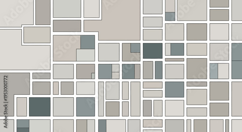 Abstract geometric pattern featuring varied neutral and muted teal rectangles creating a complex tile layout