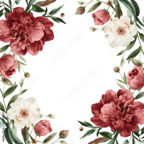 Romantic Peony Corner Frame with Deep Red and Ivory Blooms Botanical Wedding Border Illustration