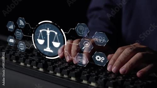 Futuristic digital law interface displaying justice scale, highlighting digital law, AI compliance, digital law systems, and digital law regulations for secure governance. Muxer