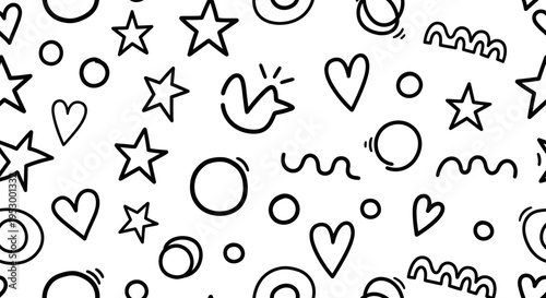 Hand-drawn black and white seamless pattern featuring an array of adorable doodle shapes including stars, hearts, and circles.