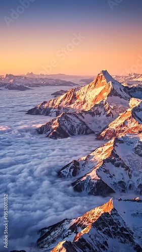 Snowy mountain peaks rising above clouds at sunrise