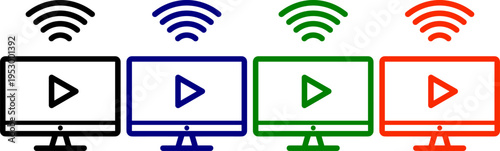 Computer screen monitor icons wi fi signal set in multiple colors for online streaming