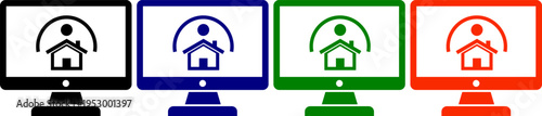 Computer screen displaying home icon with person symbol for smart home technology concept