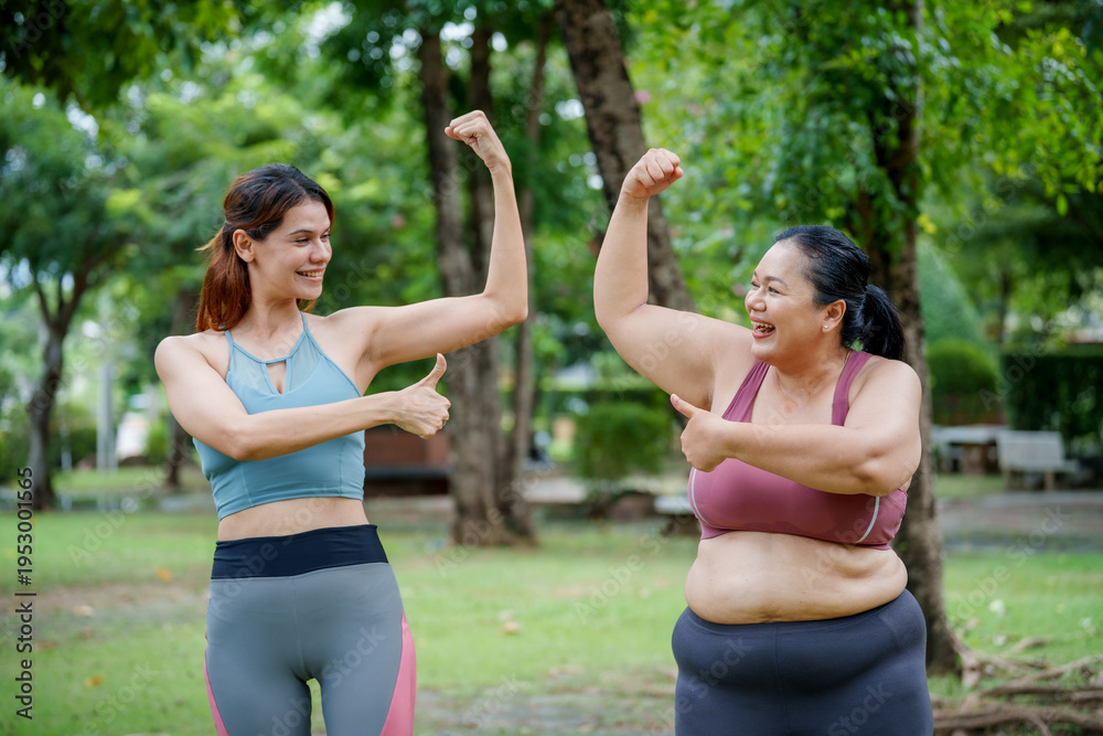 Fototapeta premium Confident plus size woman in sportswear smiling and exercising with personal trainer in the park, Body positivity and healthy lifestyle concept.