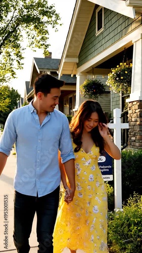 Young couple walking near a house for sale in a suburban neighborhood