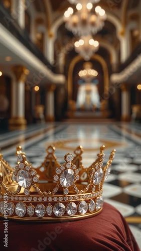 A luxurious gold crown on velvet in an opulent palace hallway