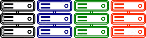 Computer server rack icons set in black blue green and red for technology theme
