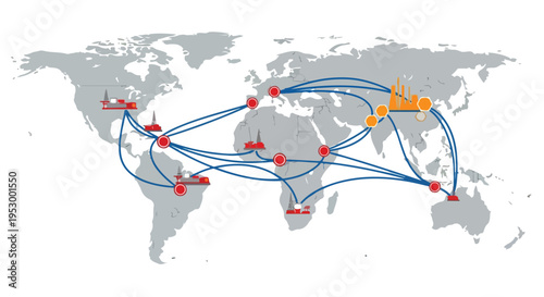 Flat 2D illustration of a global shipping route map with marked connections and oil transportation lines on a world map background.
