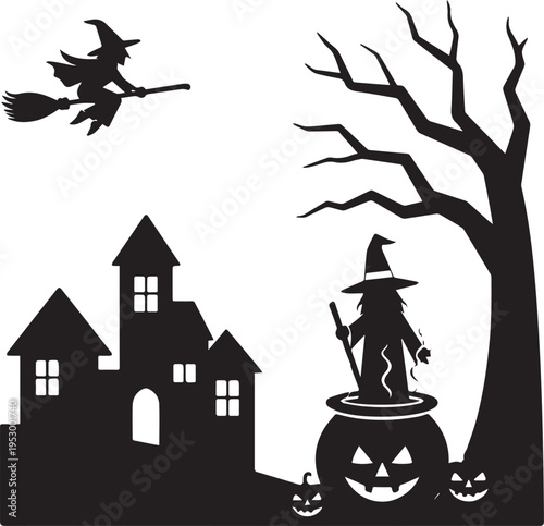 Flying Witch Jack-o’-Lantern Cauldron Mansion Bare Tree Halloween Silhouette