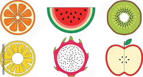 Fresh Fruit Slices Collection Vector Illustration with Orange Watermelon Kiwi Pineapple Dragon Fruit and Apple Healthy Food Icons
