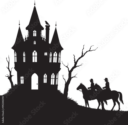 Haunted Victorian Mansion Silhouette With Two Cowboys Riding Horses