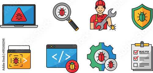 Software Bug Fixing and Debugging Icon Set Vector Illustration with Bug Detection Coding Error Security Shield Developer Repair and Bug Fix Checklist