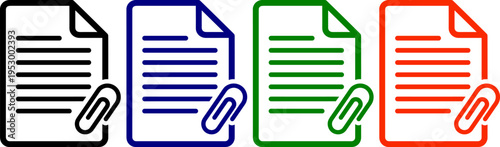Document icons with paperclip in black blue green and red colors isolated on transparent