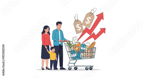 A cartoon illustration of a man and woman standing beside a shopping cart filled with groceries and products, surrounded by rising price tags and arrows, symbolizing inflation and crisis in a flat 2D