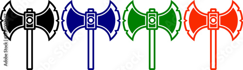 Double axe icons in black blue green and red representing weapons or power symbols