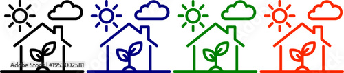 Eco house with plant, sun, and cloud icon four colors, environmental concept