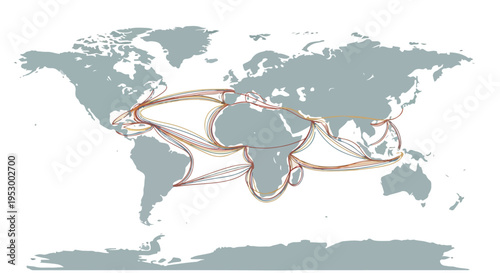 Flat 2D illustration of a world map with multiple shipping routes and oil trade routes on a simple background
