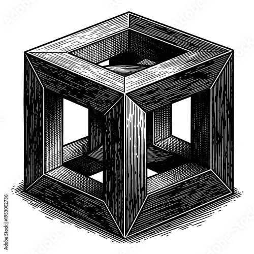 Captivating paradox of an abstract geometric structure, an impossible cube rendered with detailed linework in a vintage woodcut style, inviting visual contemplation and brain-bending perspective