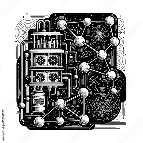 Abstract representation of molecular structures and intricate network connections within a technological apparatus