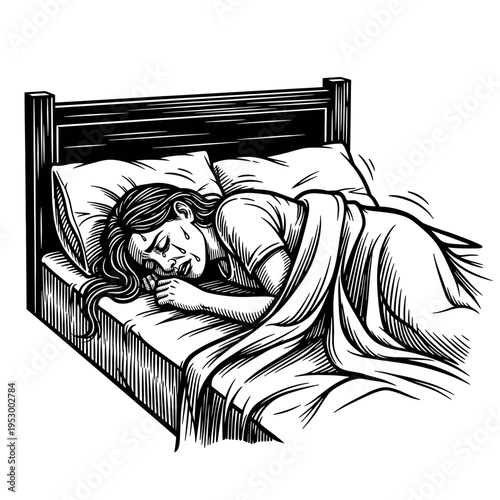 Illustration of a woman lying in bed, eyes closed and covered by a blanket, appearing to be asleep or resting peacefully in the comfort of her bedroom