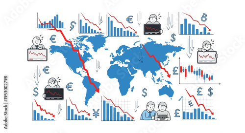 Flat 2D illustration of a world map with various economic graphs and global financial symbols in a white background, conveying uncertainty.