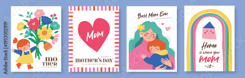 Set of Happy Mother's Day cards, posters and cover templates with flowers, heart, rainbow, mother and child, and typography in flat geometric style with colorful pastel vector design.