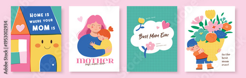 Set of Happy Mother's Day greeting cards with home, mother and child, floral bouquet, speech bubble and typography in flat geometric style on soft pastel pink background design art.
