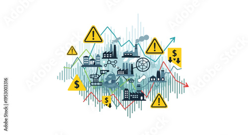 Flat 2D illustration of a cityscape with industrial and economic symbols, amidst global economic uncertainty, featuring warning signs and graphs on a white background.
