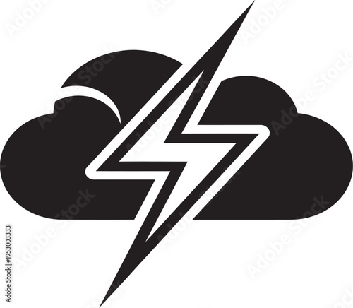 A black and white graphic of a lightning bolt striking from a cloud in the sky on a stormy weather day