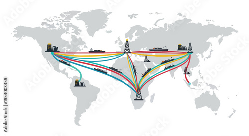 Flat 2D illustration of a world map showing various shipping routes and oil transportation paths in a colorful, graphic style.