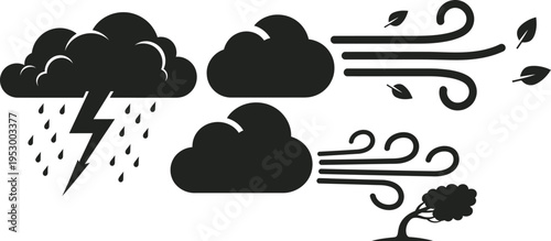 Weather icons depicting stormy conditions with rain lightning wind and clouds
