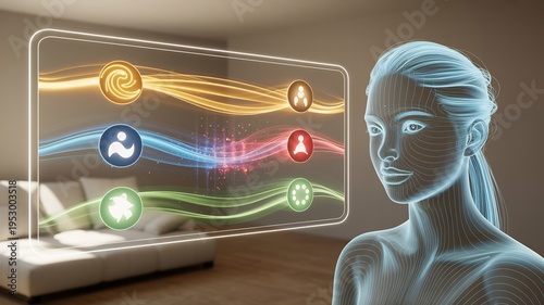 Woman Interacting with Augmented Reality Interface in Modern Living Room
